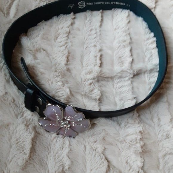 Vera Pelle Black Leather Belt S Pink Purple Flower Buckle Italian Designer main image 6